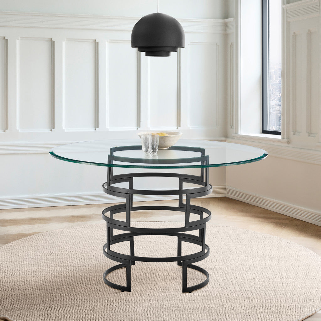 48-Inch Modern Round Glass Dining Table with Black Iron Pedestal Base