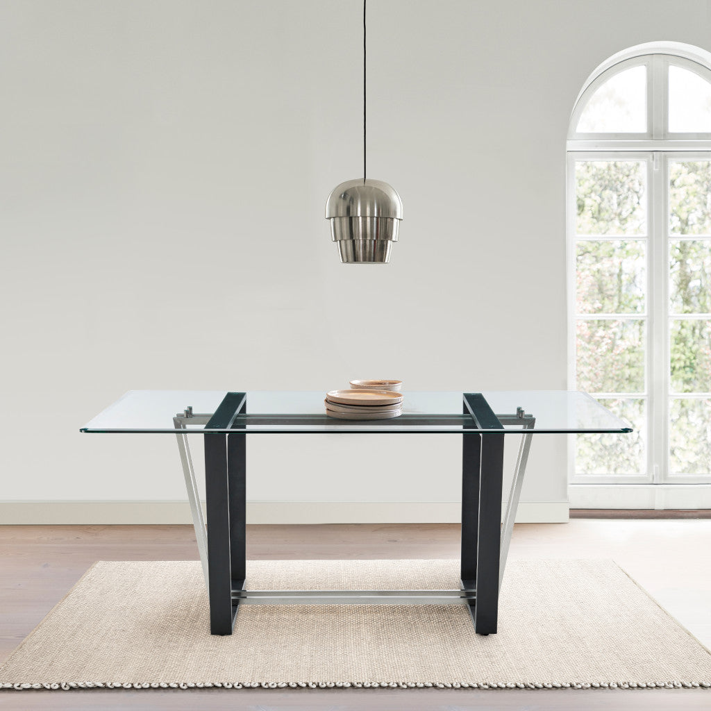 72" Clear Glass and Black Iron Rectangular Dining Table with Sled Base – Modern Sophistication for Your Space