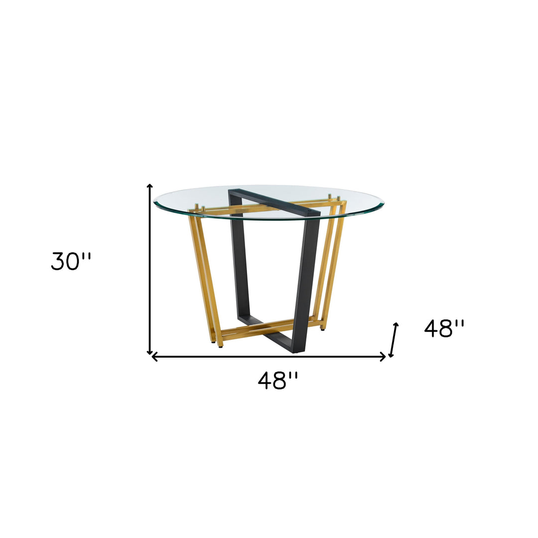 48" Clear Glass and Gold Iron Sled Base Round Dining Table