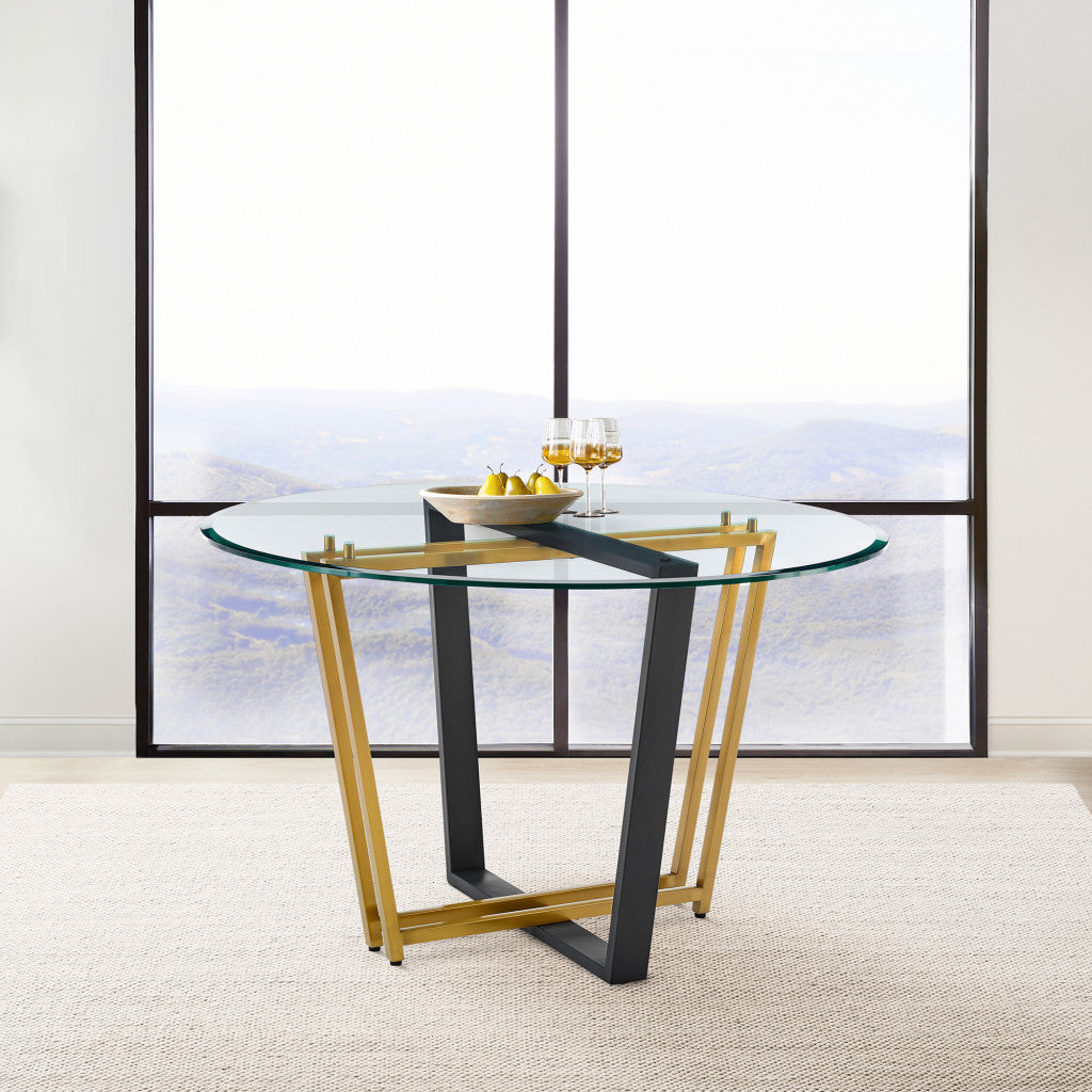 48" Clear Glass and Gold Iron Sled Base Round Dining Table