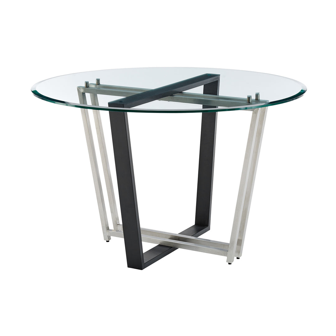 48" Clear Glass and Black Iron Round Dining Table with Sled Base