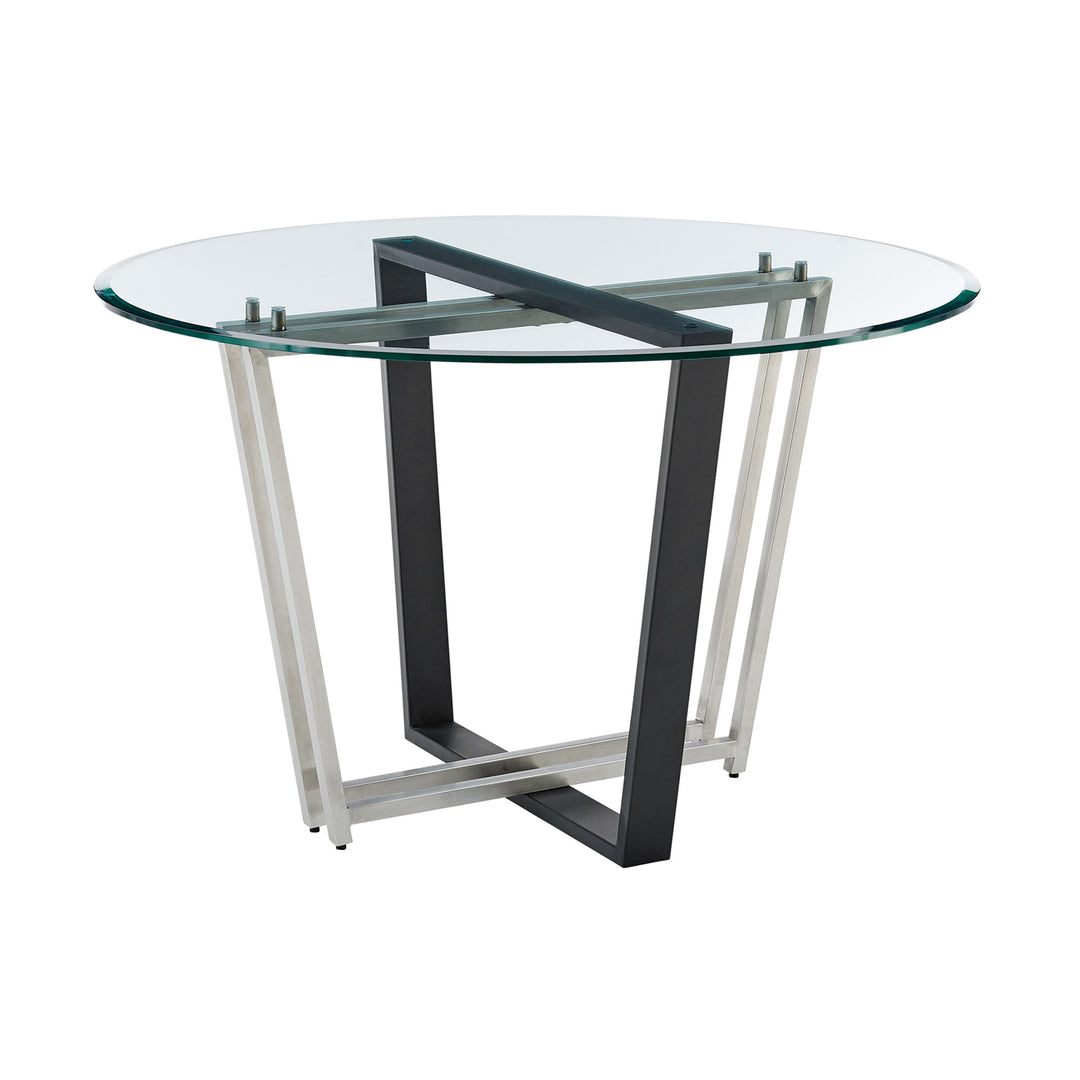 48" Clear Glass and Black Iron Round Dining Table with Sled Base