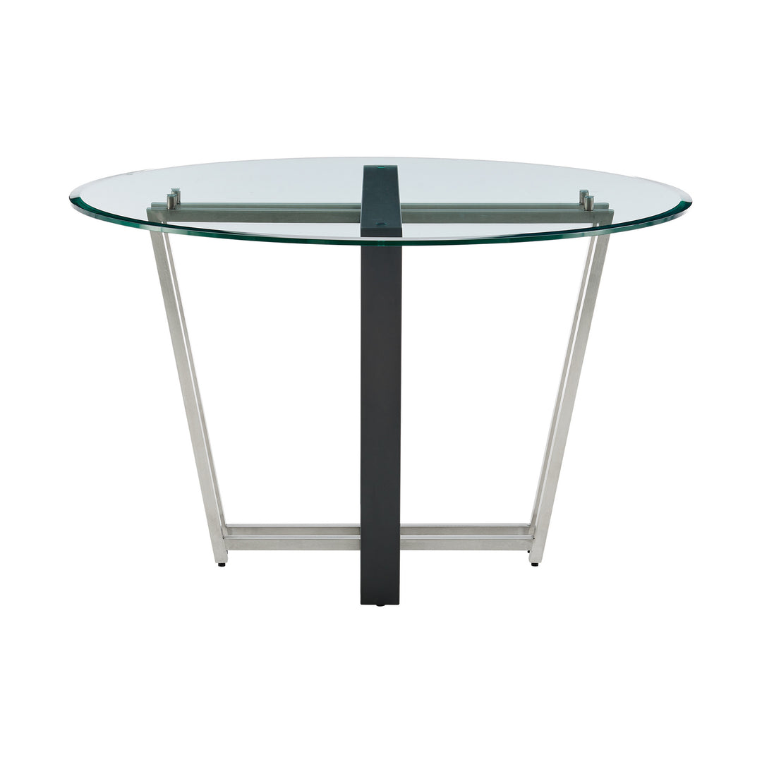 48" Clear Glass and Black Iron Round Dining Table with Sled Base