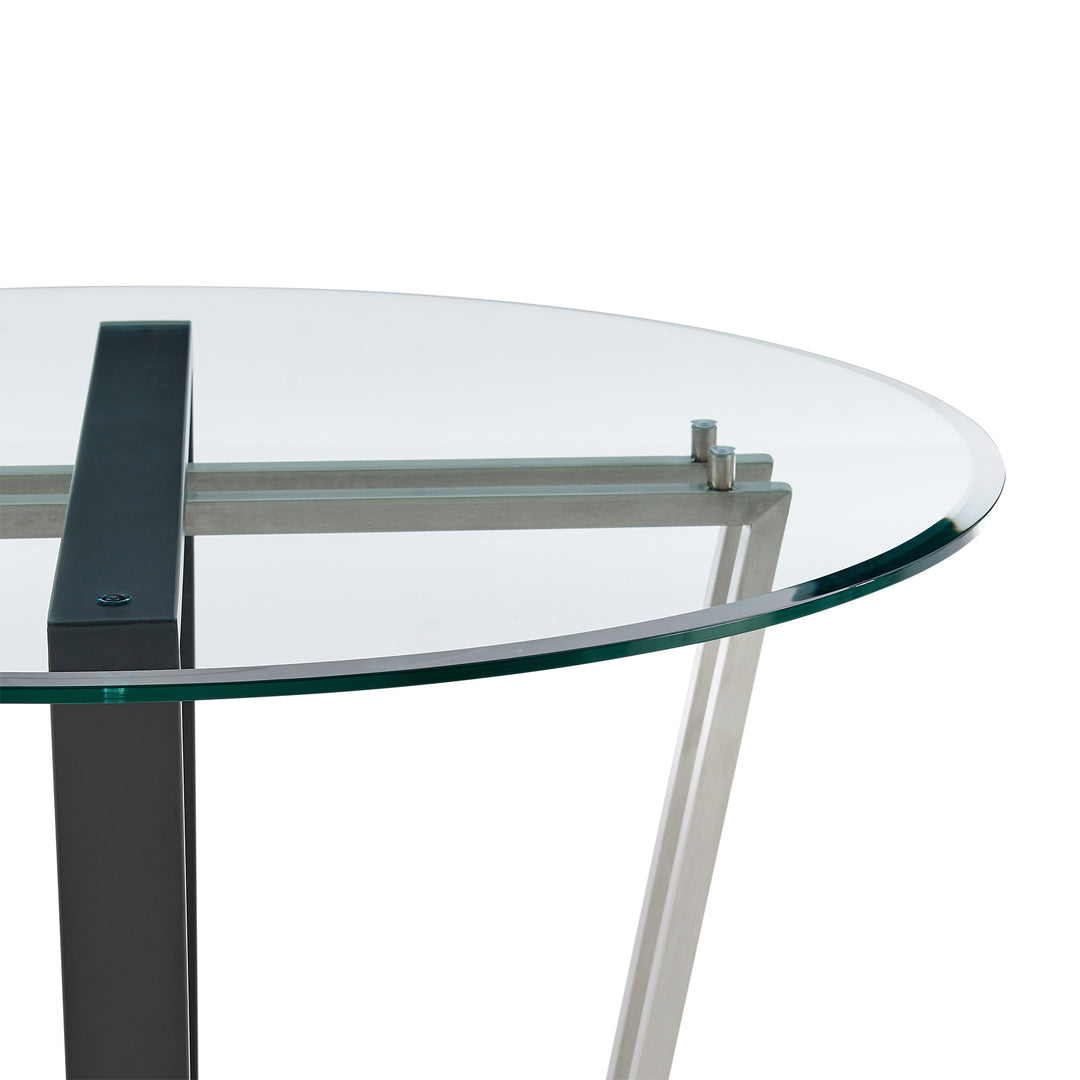 48" Clear Glass and Black Iron Round Dining Table with Sled Base