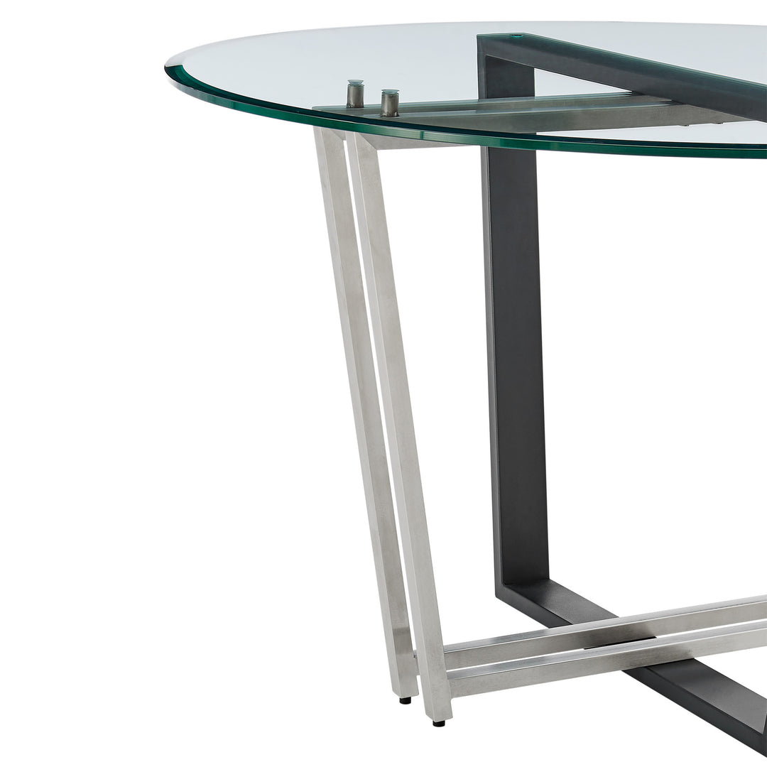 48" Clear Glass and Black Iron Round Dining Table with Sled Base