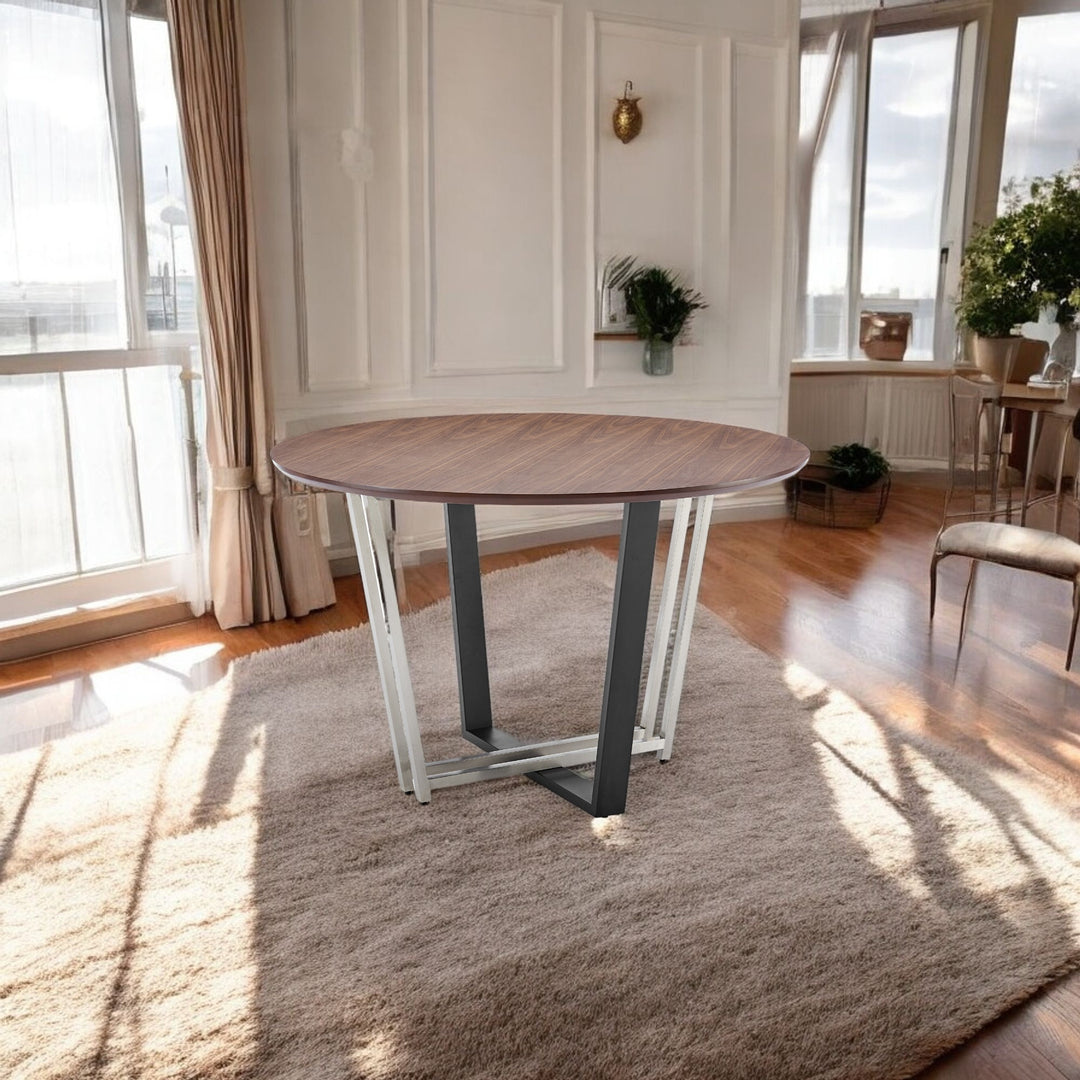 48" Brown and Black Round Dining Table with Iron Sled Base