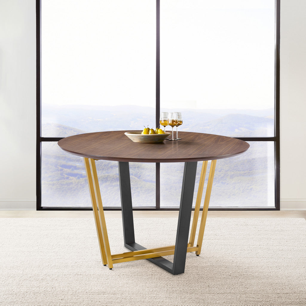 Modern 48" Brown and Gold Round Dining Table with Sled Base