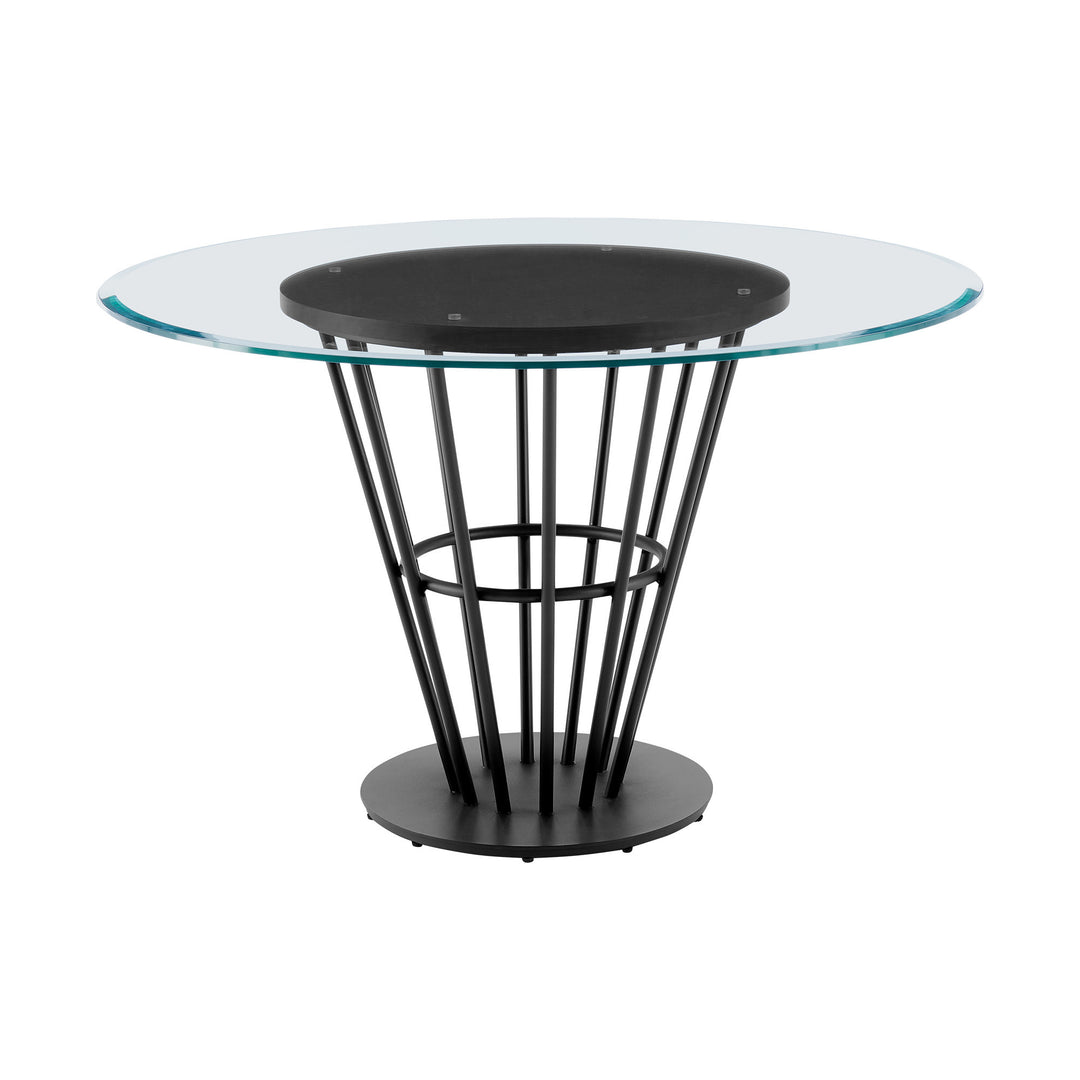 48" Clear Glass and Black Iron Round Dining Table with Pedestal Base – Contemporary Elegance for Modern Living