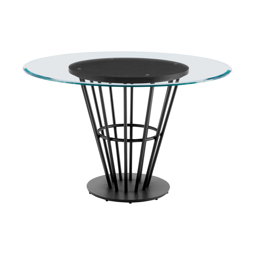 48" Clear Glass and Black Iron Round Dining Table with Pedestal Base – Contemporary Elegance for Modern Living