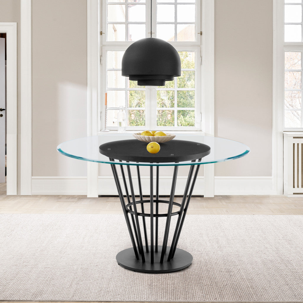 48" Clear Glass and Black Iron Round Dining Table with Pedestal Base – Contemporary Elegance for Modern Living