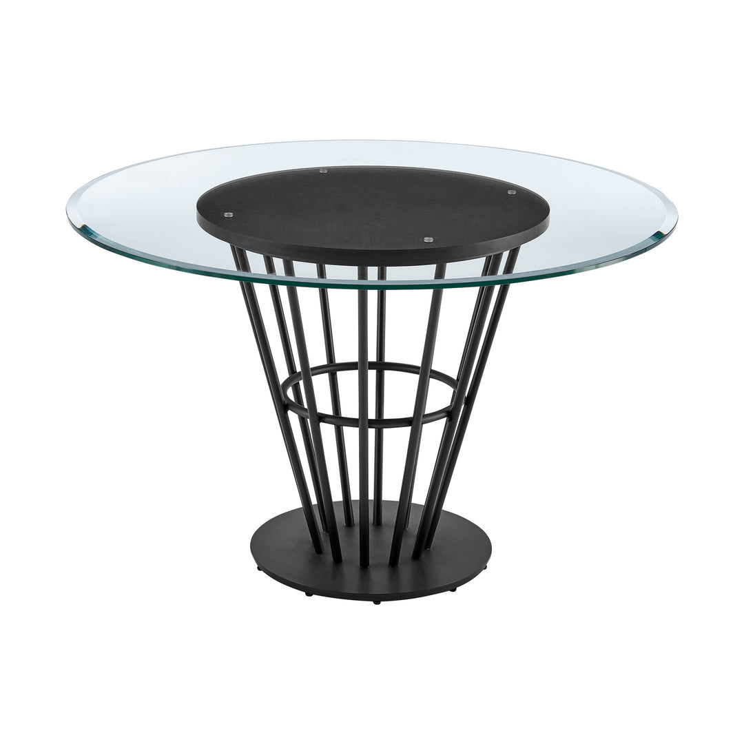 48" Clear Glass and Black Iron Round Dining Table with Pedestal Base – Contemporary Elegance for Modern Living