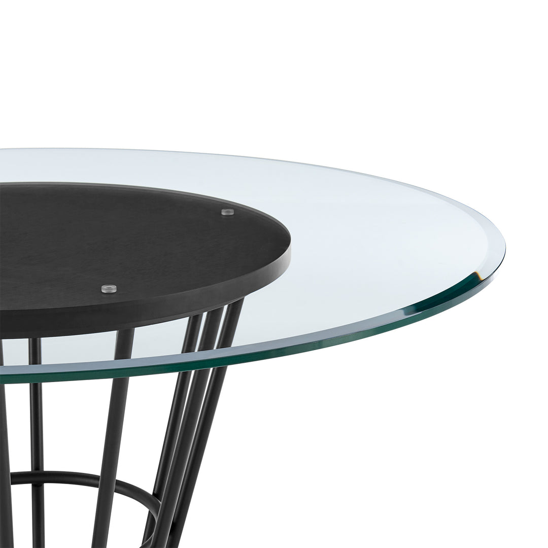 48" Clear Glass and Black Iron Round Dining Table with Pedestal Base – Contemporary Elegance for Modern Living