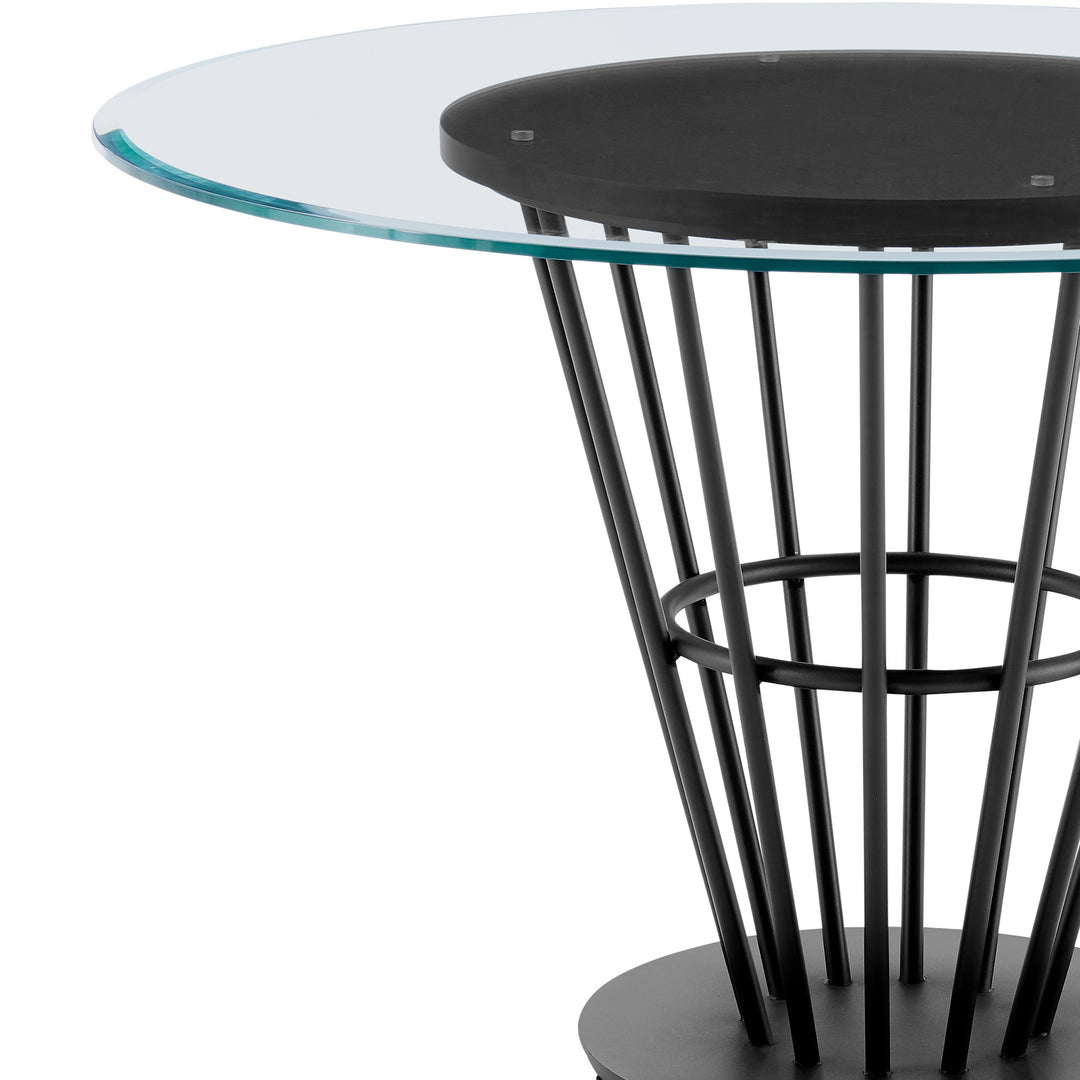 48" Clear Glass and Black Iron Round Dining Table with Pedestal Base – Contemporary Elegance for Modern Living