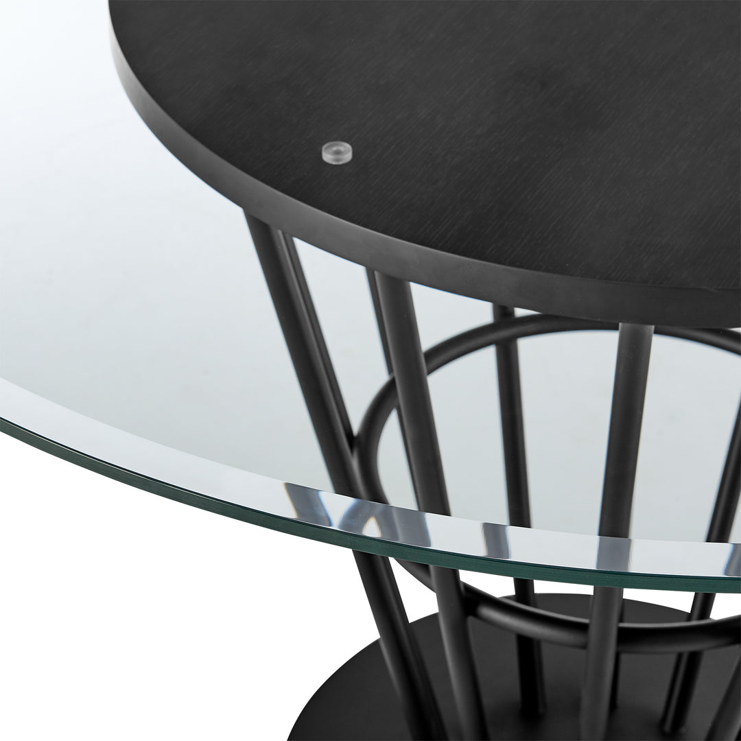 48" Clear Glass and Black Iron Round Dining Table with Pedestal Base – Contemporary Elegance for Modern Living