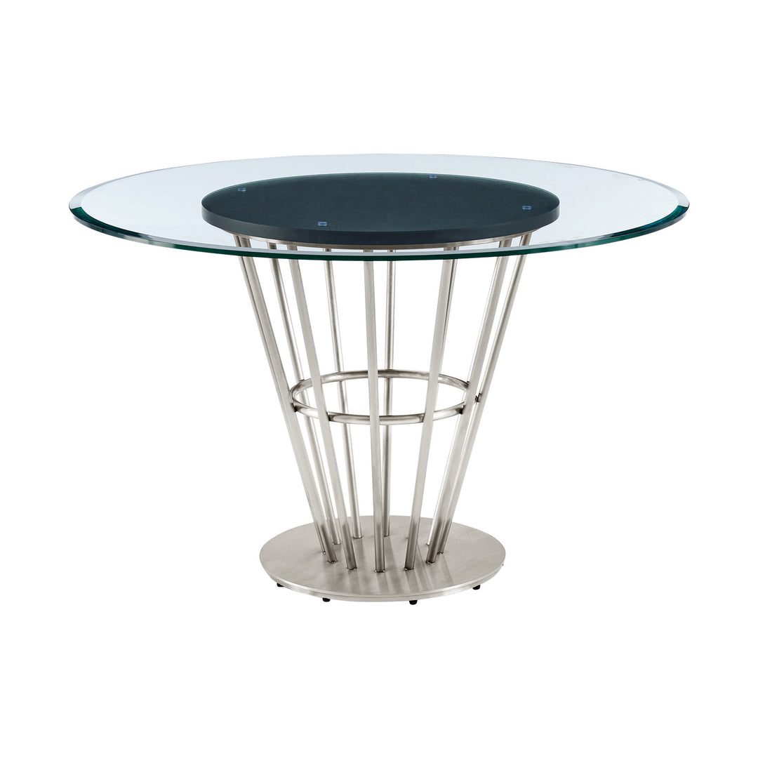 48" Clear Glass and Gold Stainless Steel Round Dining Table with Pedestal Base – Sleek, Modern Elegance