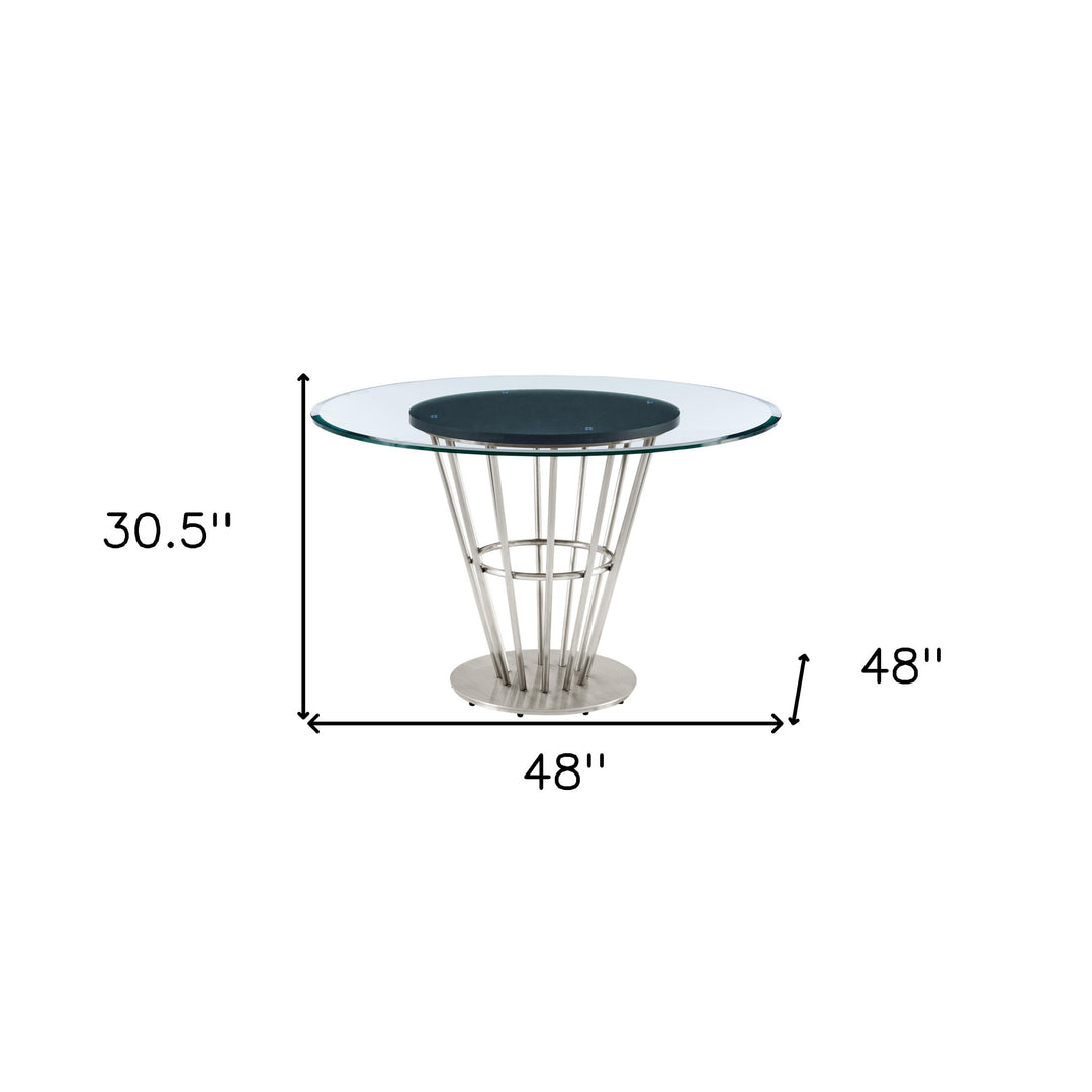 48" Clear Glass and Gold Stainless Steel Round Dining Table with Pedestal Base – Sleek, Modern Elegance