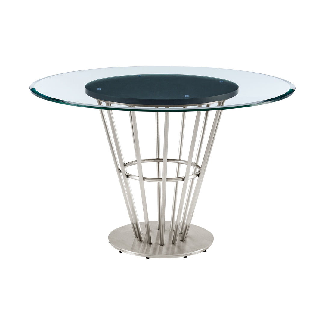 48" Clear Glass and Gold Stainless Steel Round Dining Table with Pedestal Base – Sleek, Modern Elegance