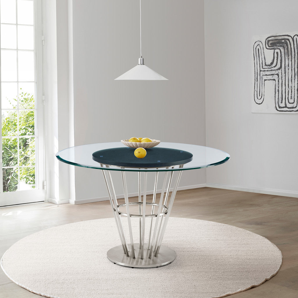 48" Clear Glass and Gold Stainless Steel Round Dining Table with Pedestal Base – Sleek, Modern Elegance