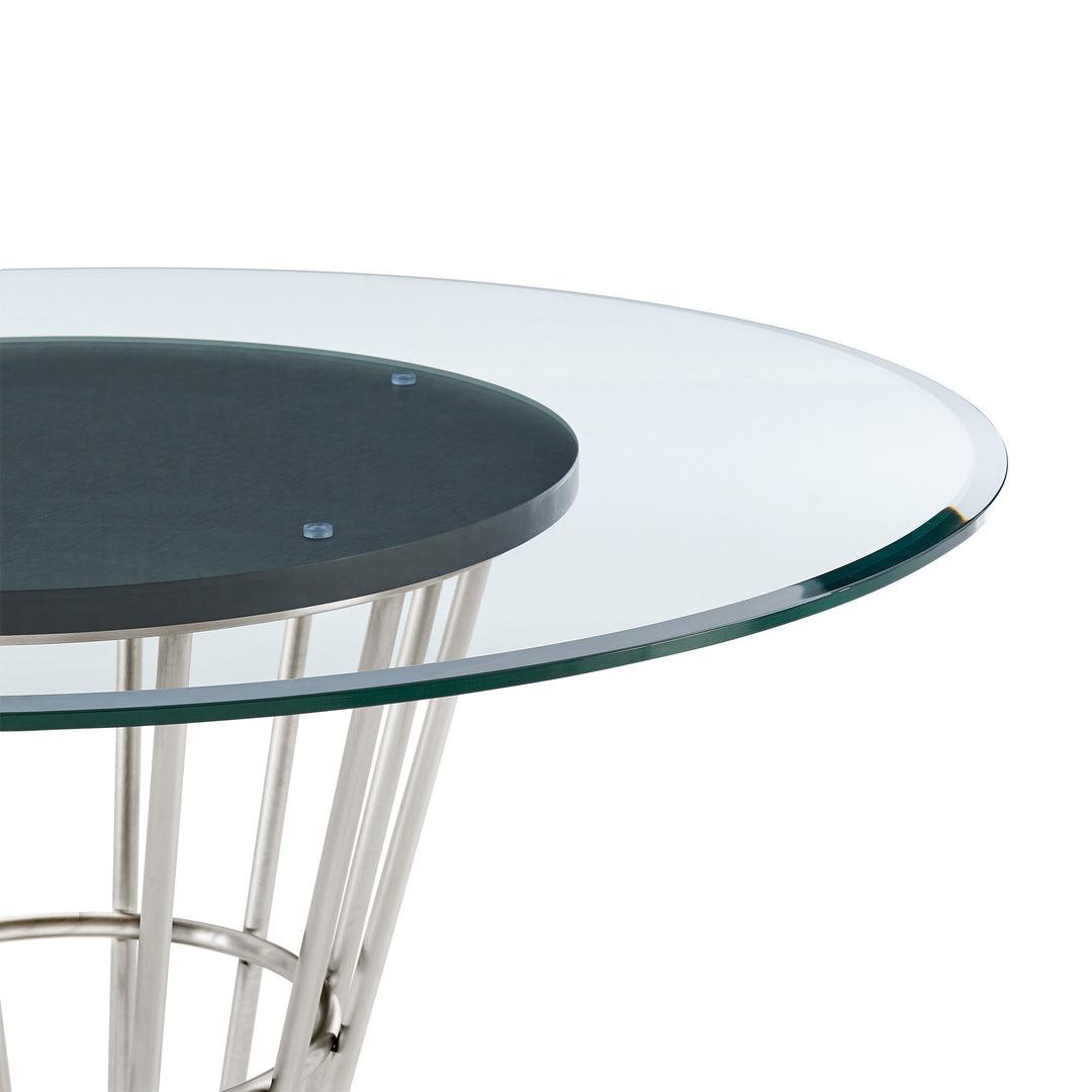 48" Clear Glass and Gold Stainless Steel Round Dining Table with Pedestal Base – Sleek, Modern Elegance