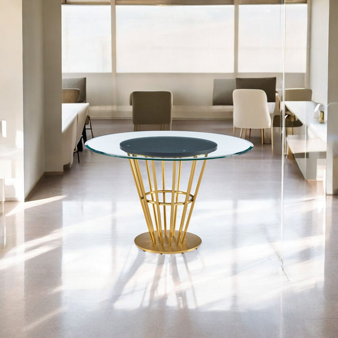 48" Gold and Clear Glass Round Dining Table with Pedestal Base – Modern Elegance Meets Timeless Functionality