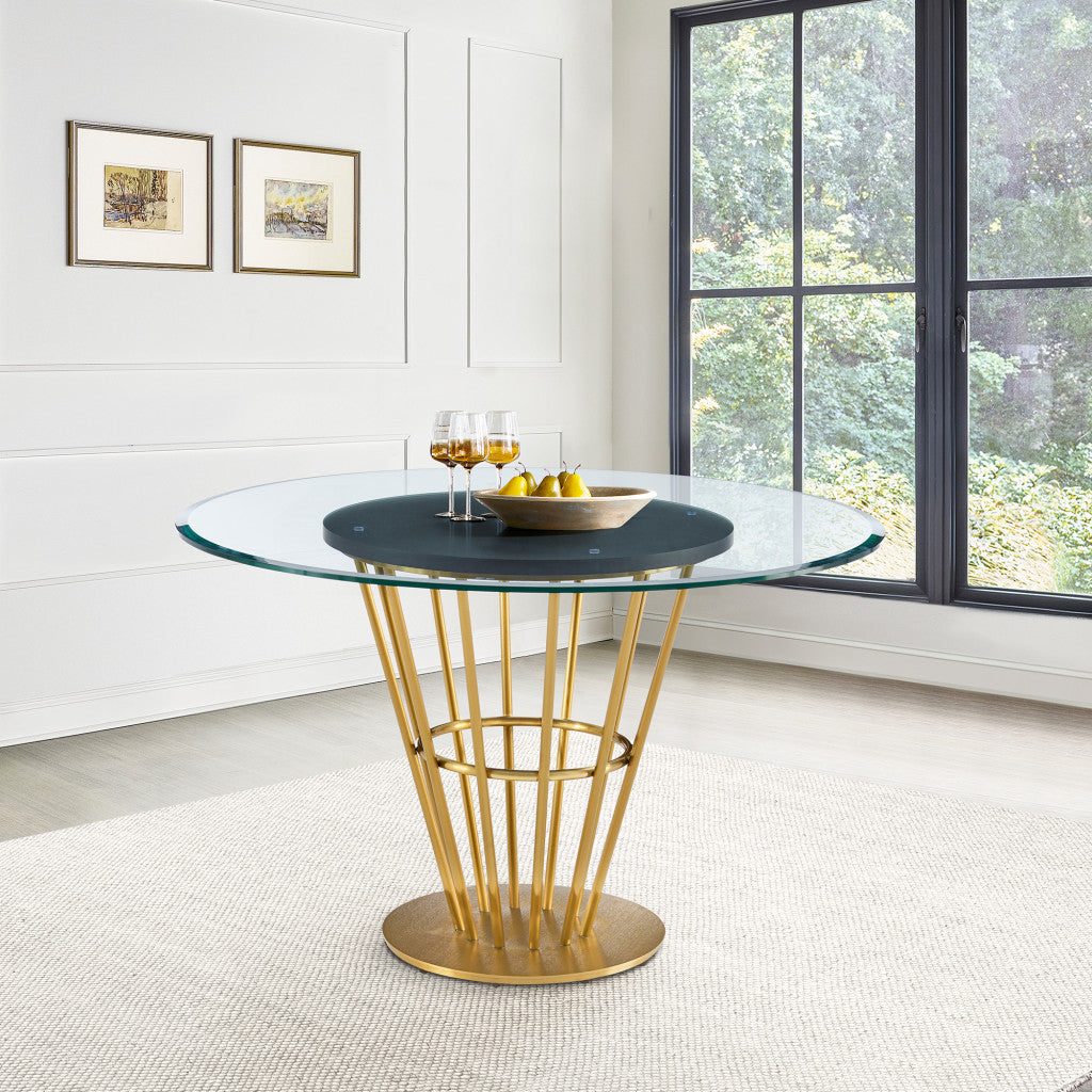 48" Gold and Clear Glass Round Dining Table with Pedestal Base – Modern Elegance Meets Timeless Functionality