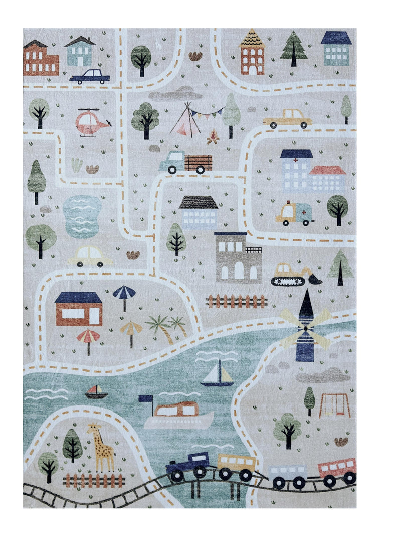 8' X 11' Gray Brown and Blue Juvenile Transportation Youthful Area Rug