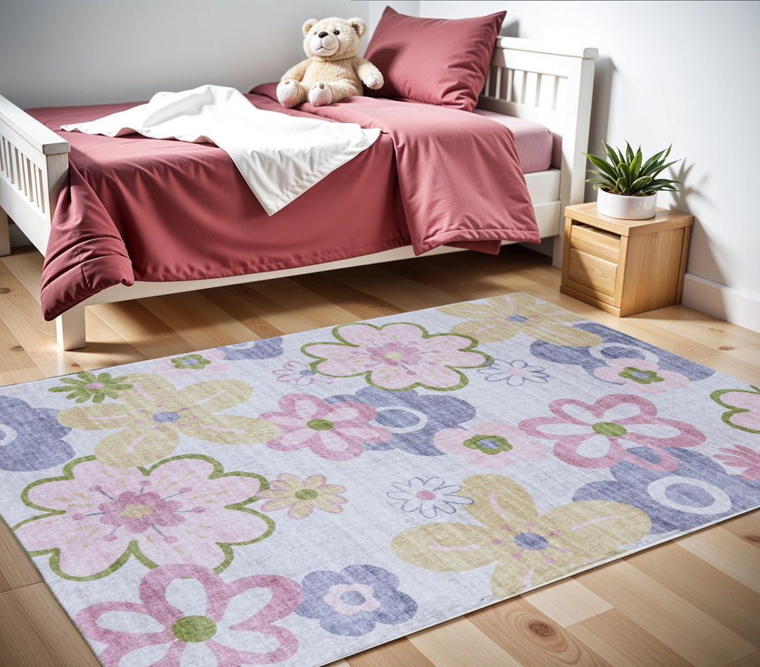 4' X 6' Pink Gray and Purple Juvenile Flowers Youthful Area Rug