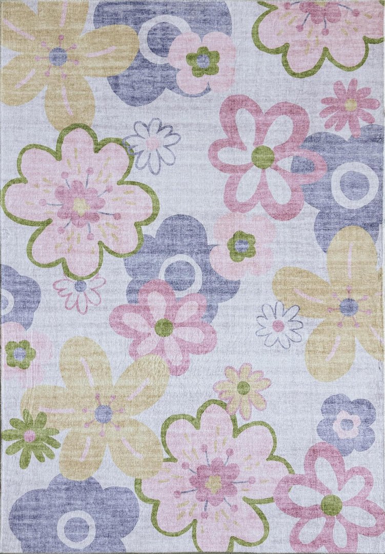 4' X 6' Pink Gray and Purple Juvenile Flowers Youthful Area Rug