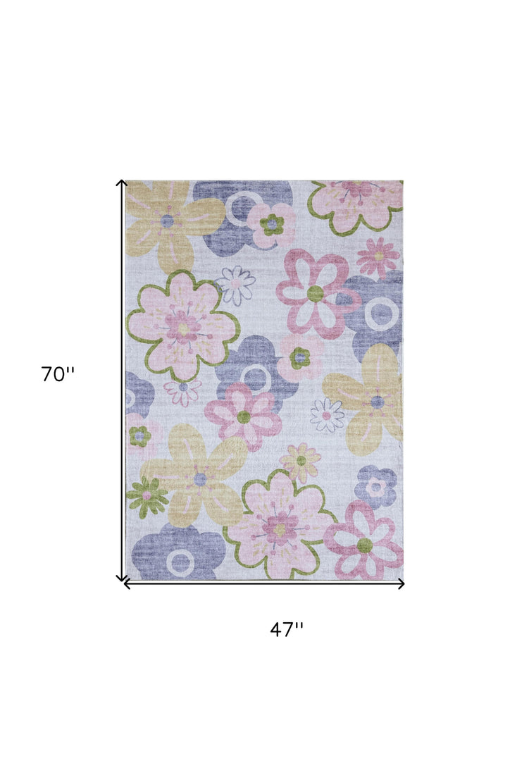 4' X 6' Pink Gray and Purple Juvenile Flowers Youthful Area Rug