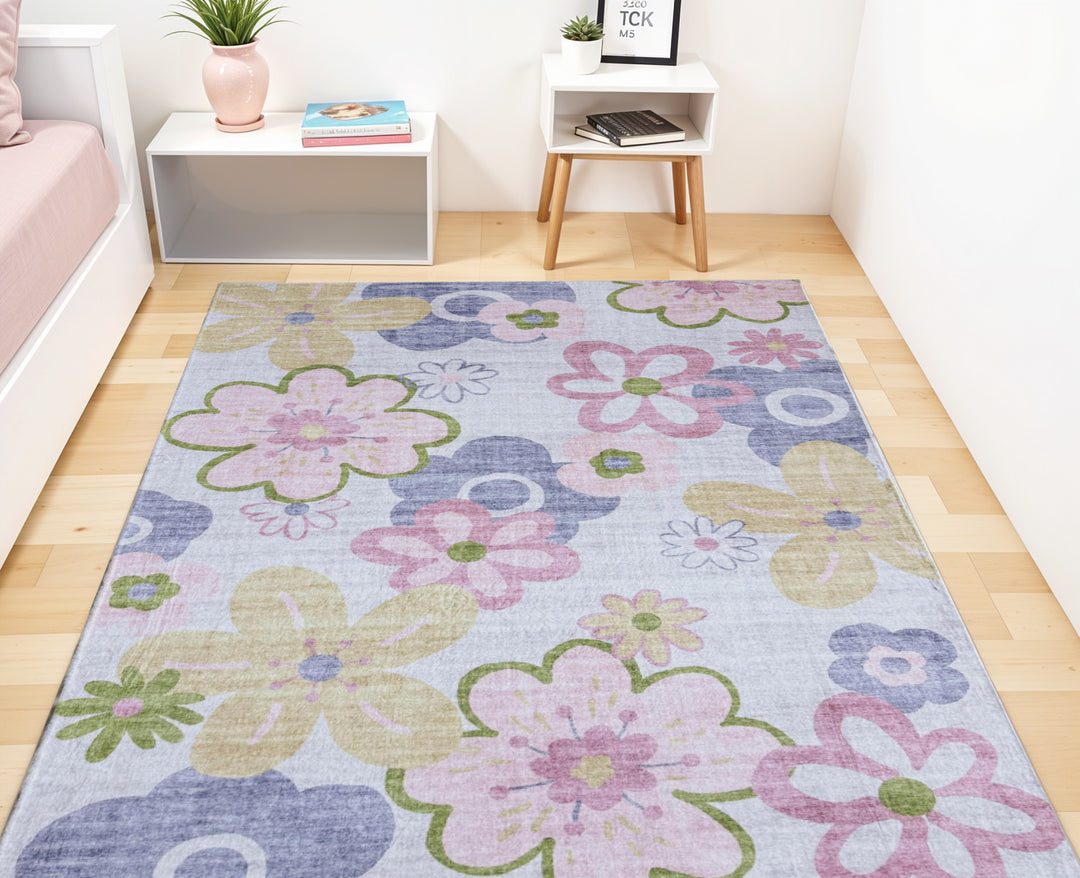 5' X 8' Pink Gray and Purple Juvenile Flowers Youthful Area Rug