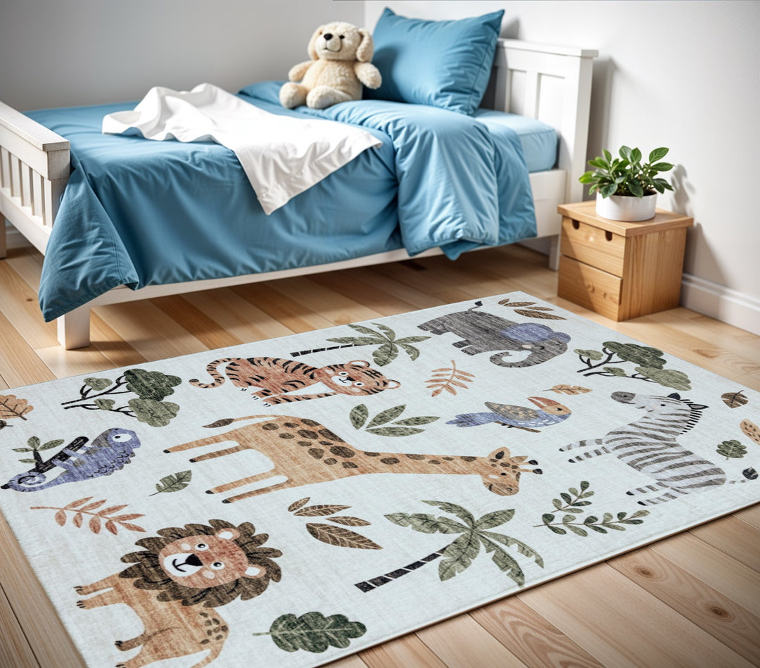 4' X 6' Gray Brown and Green Juvenile Zoo Animals Youthful Area Rug