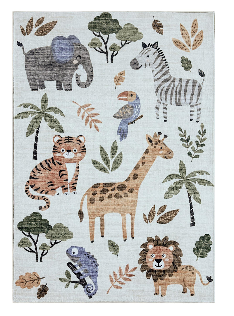 4' X 6' Gray Brown and Green Juvenile Zoo Animals Youthful Area Rug