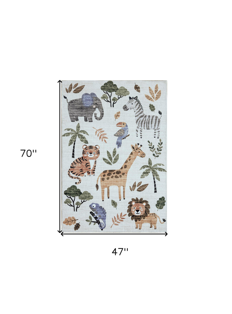 4' X 6' Gray Brown and Green Juvenile Zoo Animals Youthful Area Rug