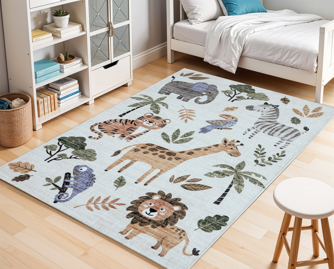 5' X 8' Gray Brown and Green Juvenile Zoo Animals Youthful Area Rug