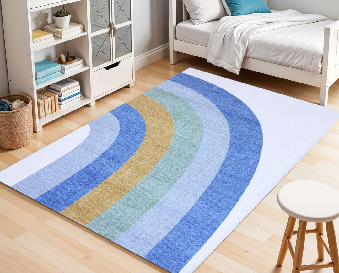 5' X 8' Blue Green and Orange Juvenile Rainbows Youthful Area Rug