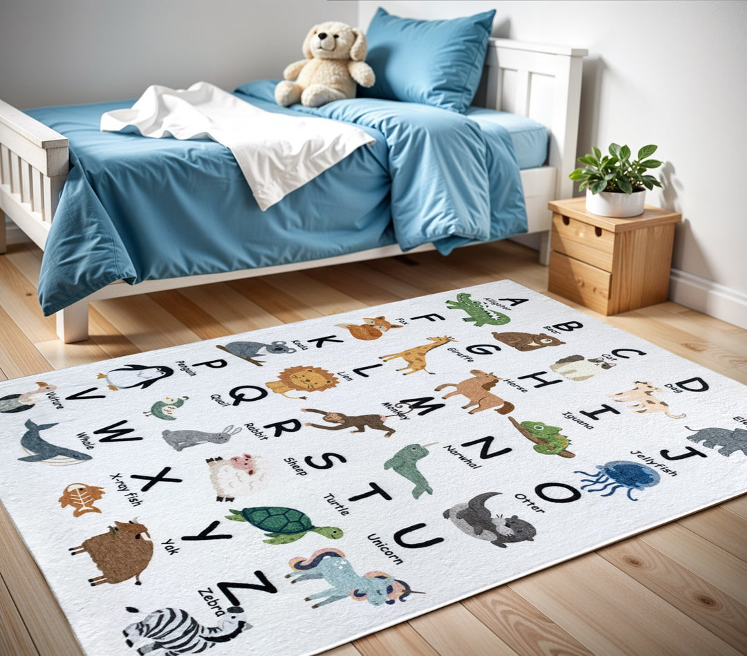 4' X 6' Gray Brown and Green Juvenile Alphabet Youthful Area Rug