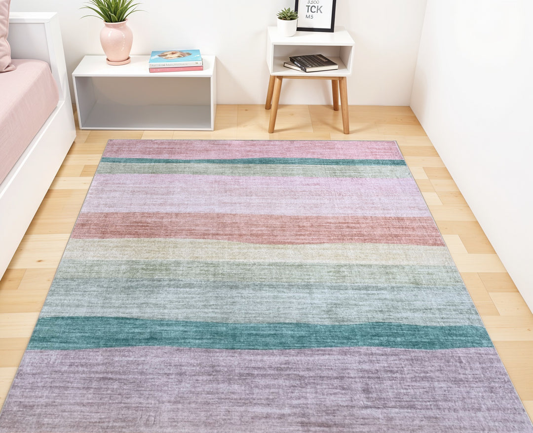 5' X 8' Pink Green and Purple Juvenile Rainbows Youthful Area Rug