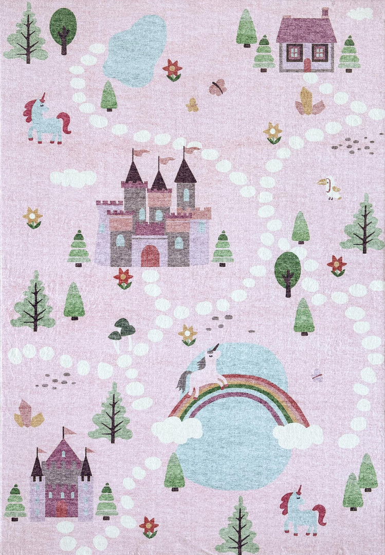 5' X 8' Pink White and Blue Juvenile Castle and Rainbow Youthful Area Rug