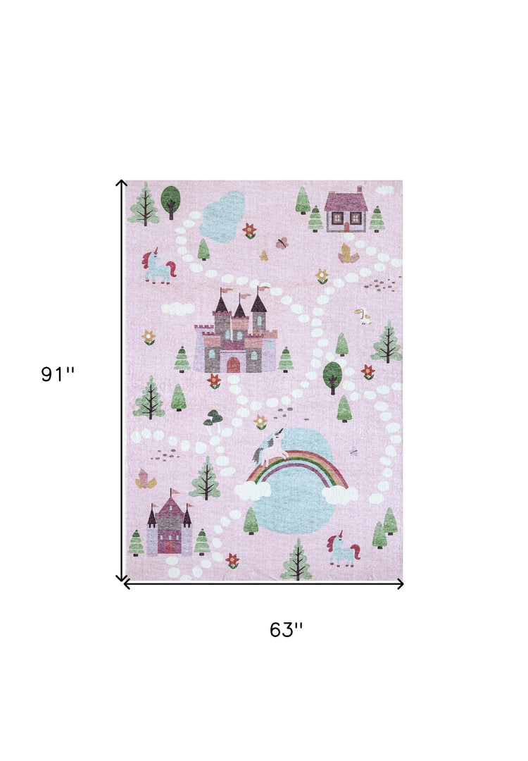 5' X 8' Pink White and Blue Juvenile Castle and Rainbow Youthful Area Rug