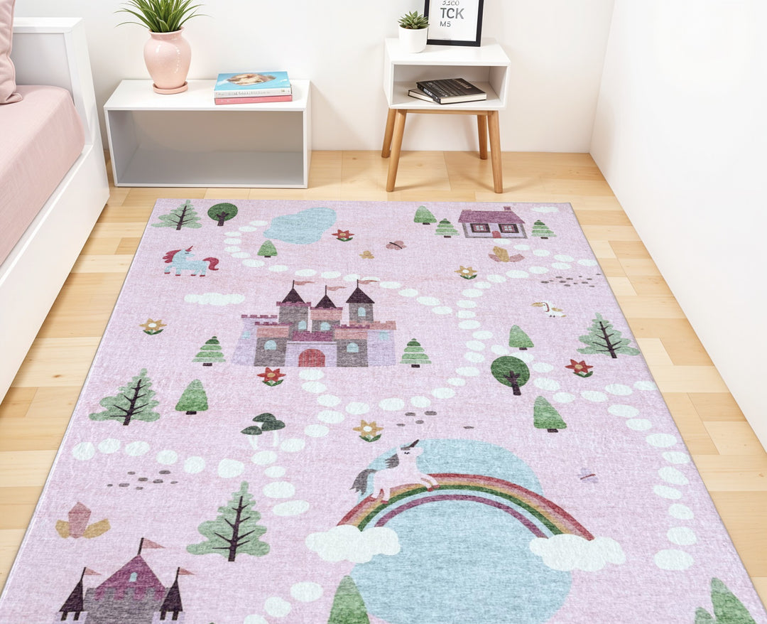 5' X 8' Pink White and Blue Juvenile Castle and Rainbow Youthful Area Rug