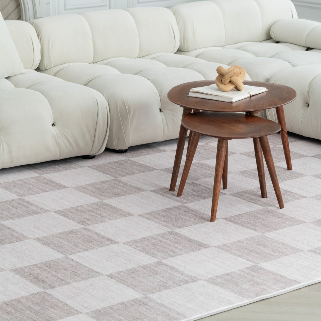 7' X 10' Beige and Brown Checkered Area Rug