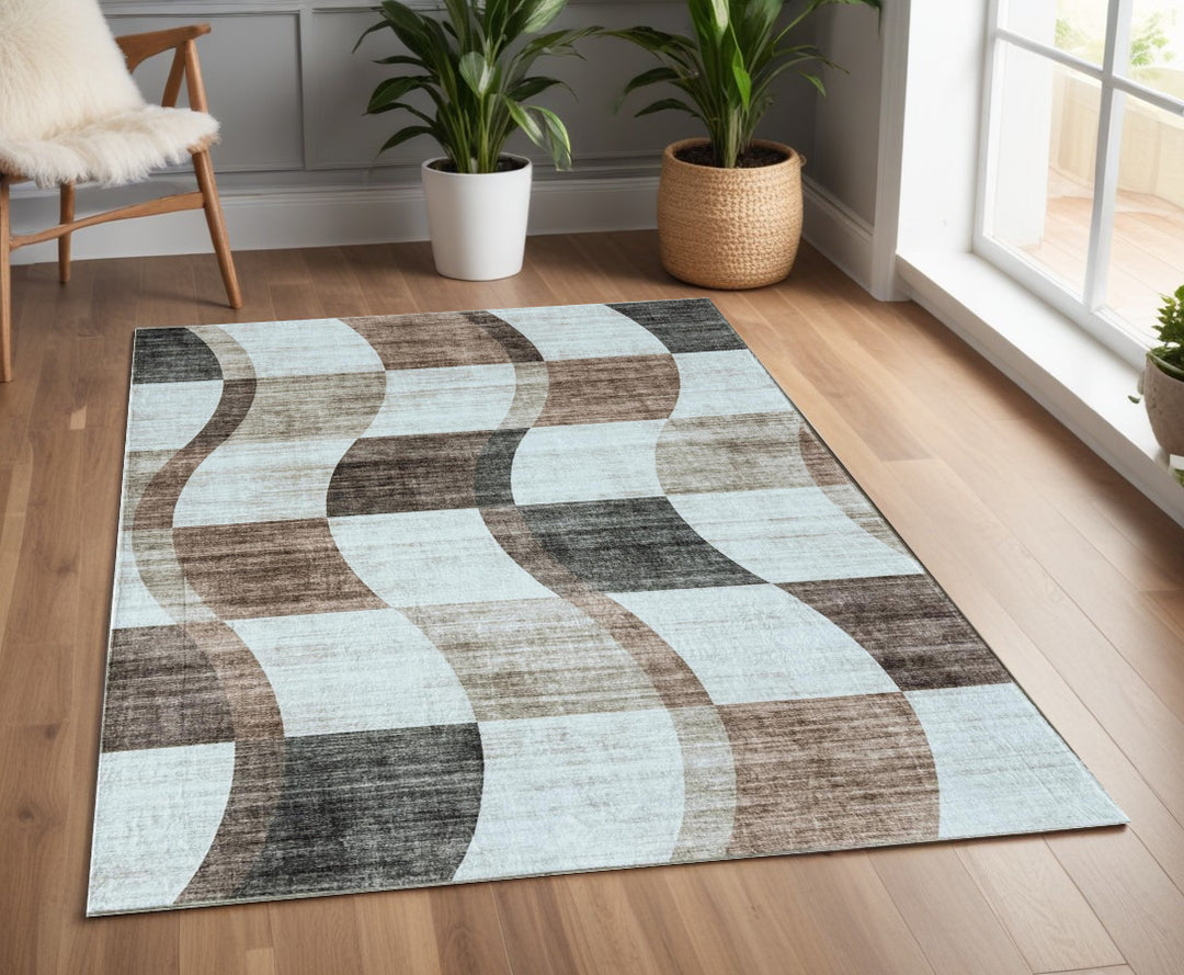 4' X 6' Beige Brown and Gray Checkered Area Rug