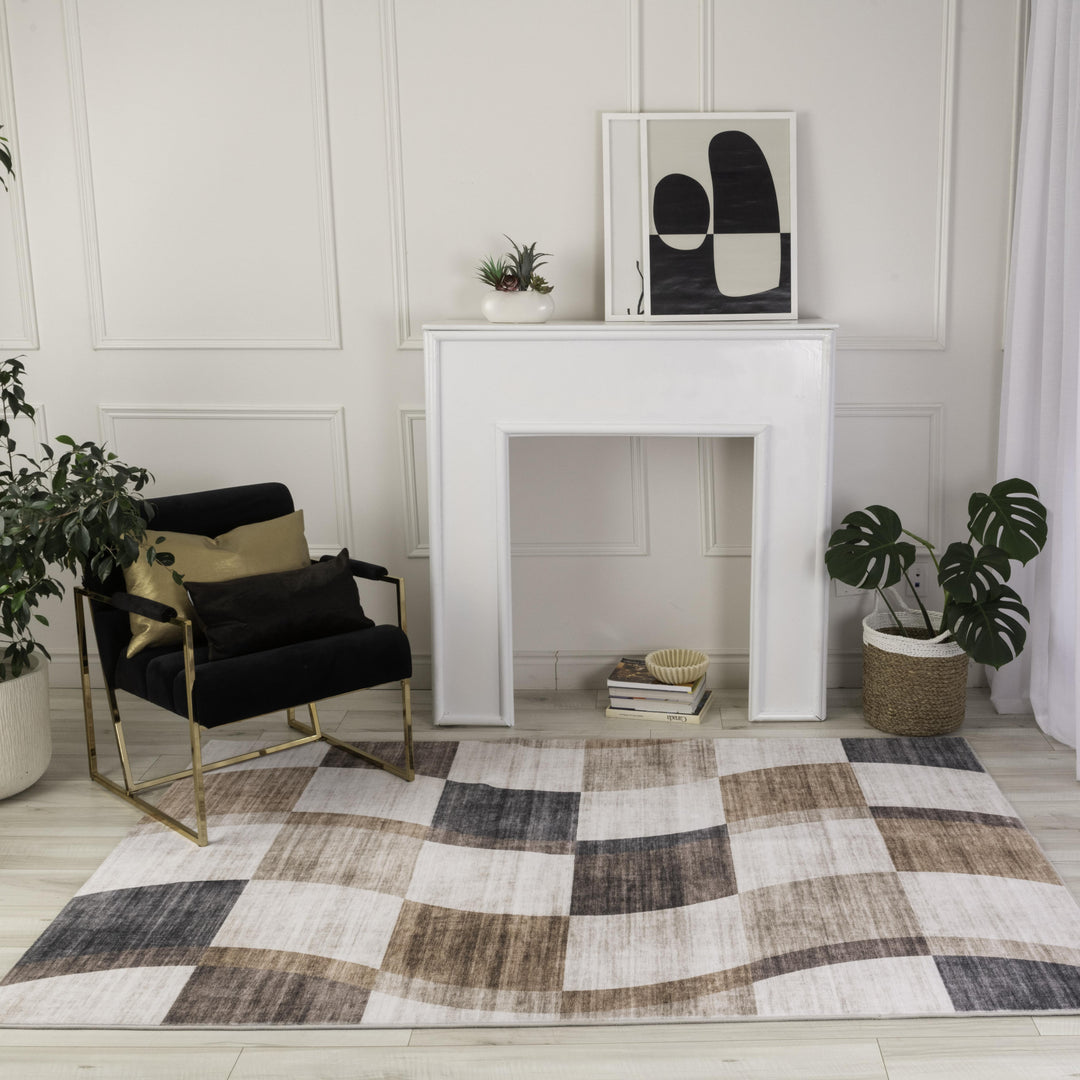 4' X 6' Beige Brown and Gray Checkered Area Rug