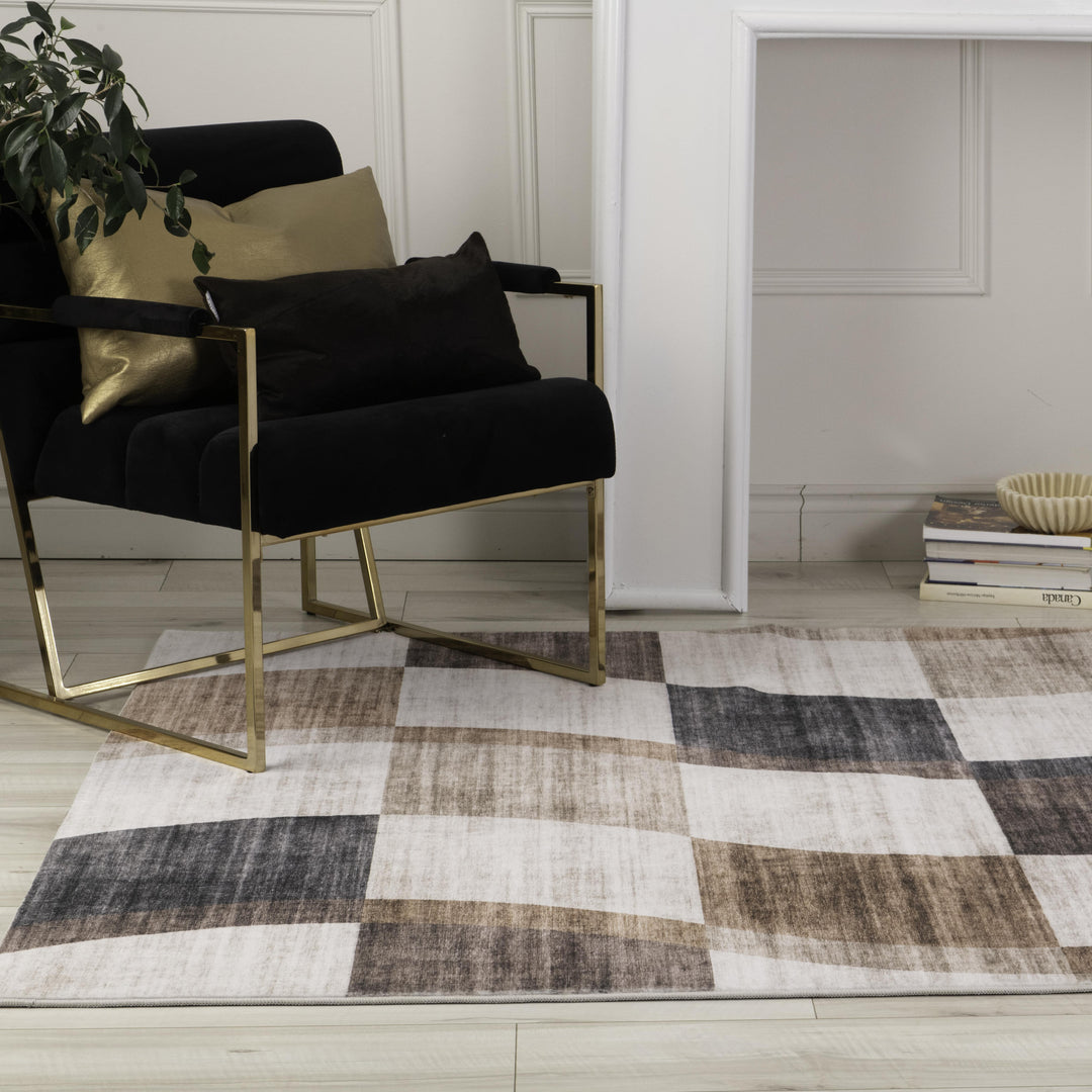 7' X 10' Beige Brown and Gray Checkered Area Rug