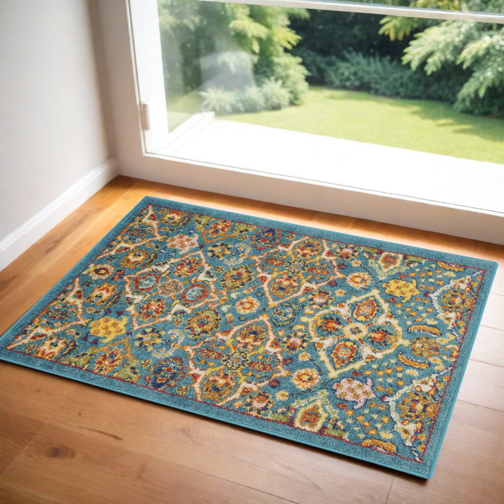 2' X 3' Blue Floral Power Loom Area Rug