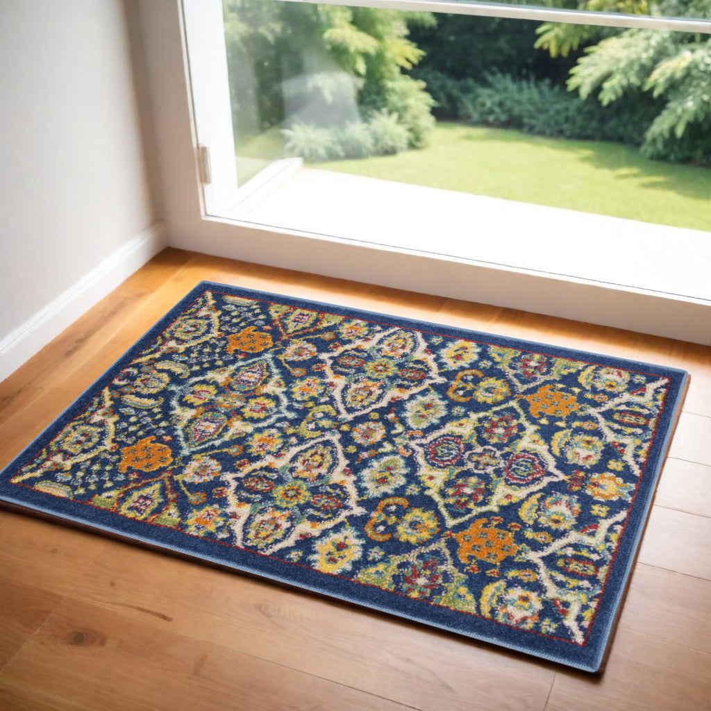 2' X 3' Blue Floral Power Loom Area Rug