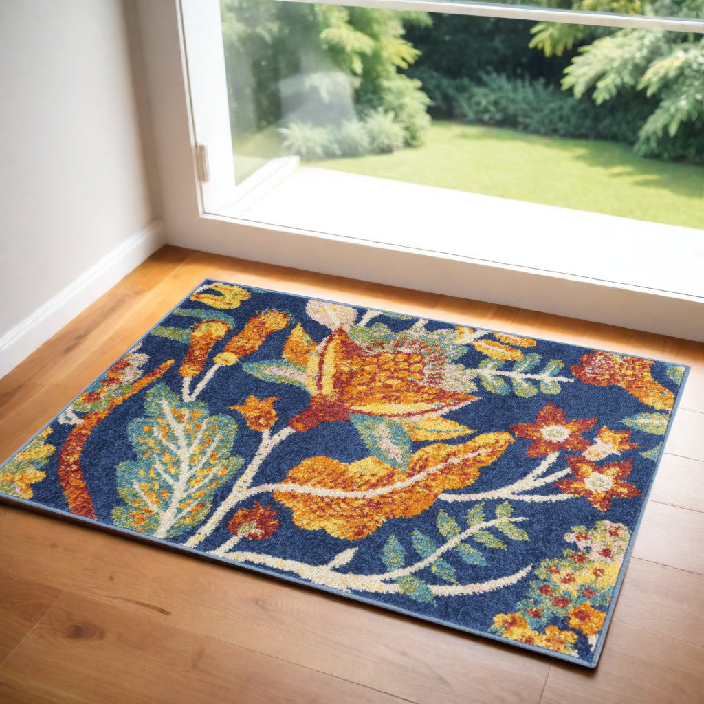 2' X 3' Blue Floral Power Loom Area Rug