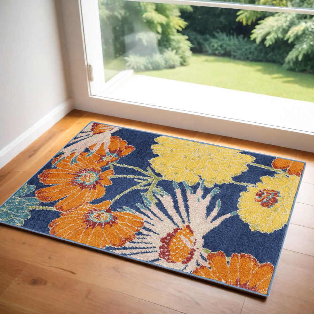 2' X 3' Blue Floral Power Loom Area Rug