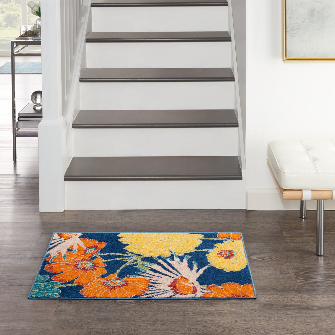 2' X 3' Blue Floral Power Loom Area Rug