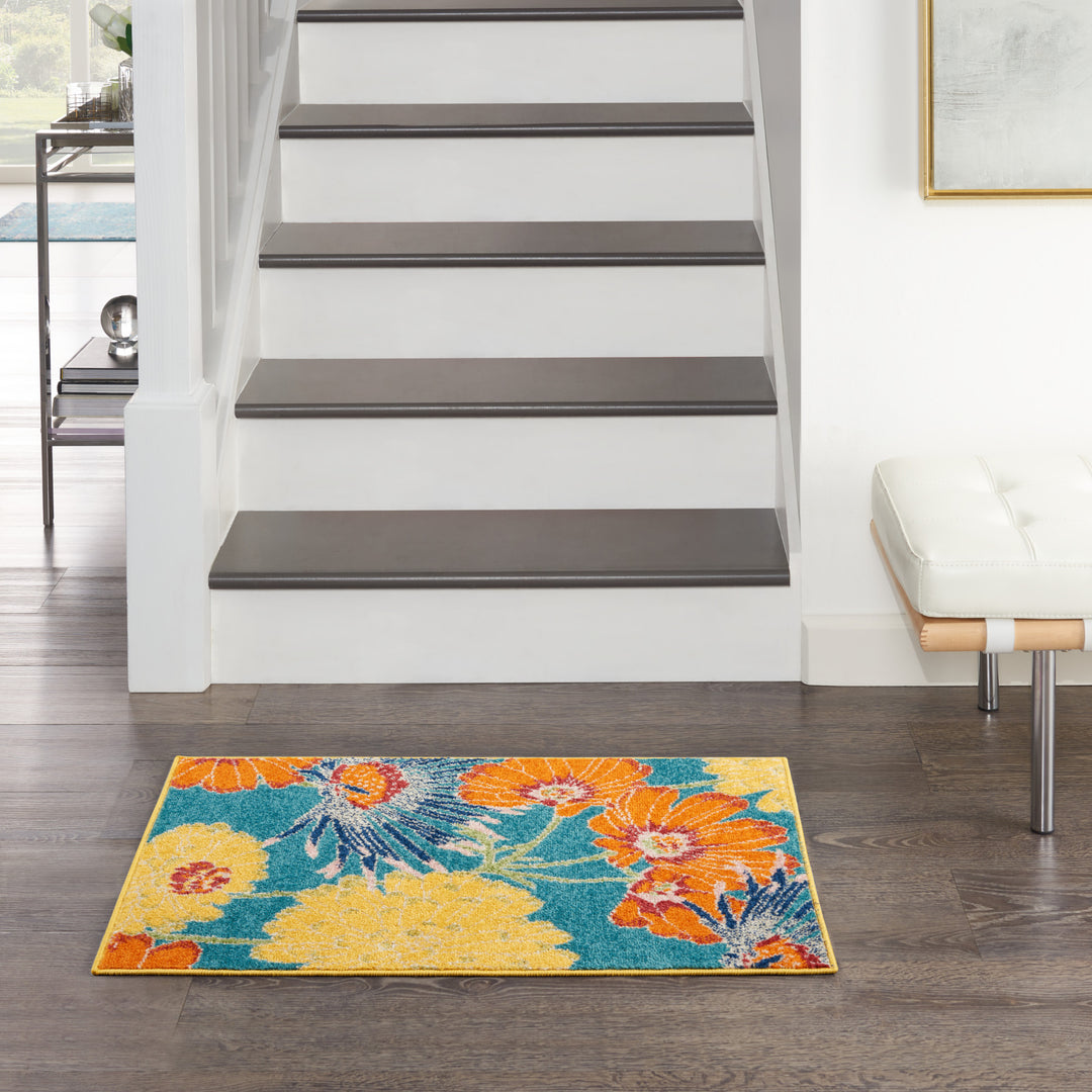 2' X 3' Blue Floral Power Loom Area Rug